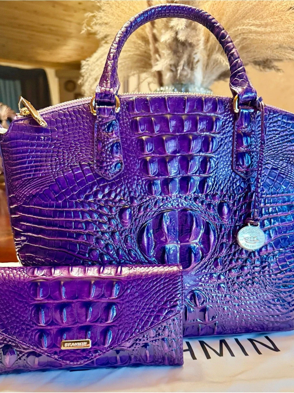 Brahmin Royal  Purple medium Duxbury  Satchel with matching wallet. Perfect eye
